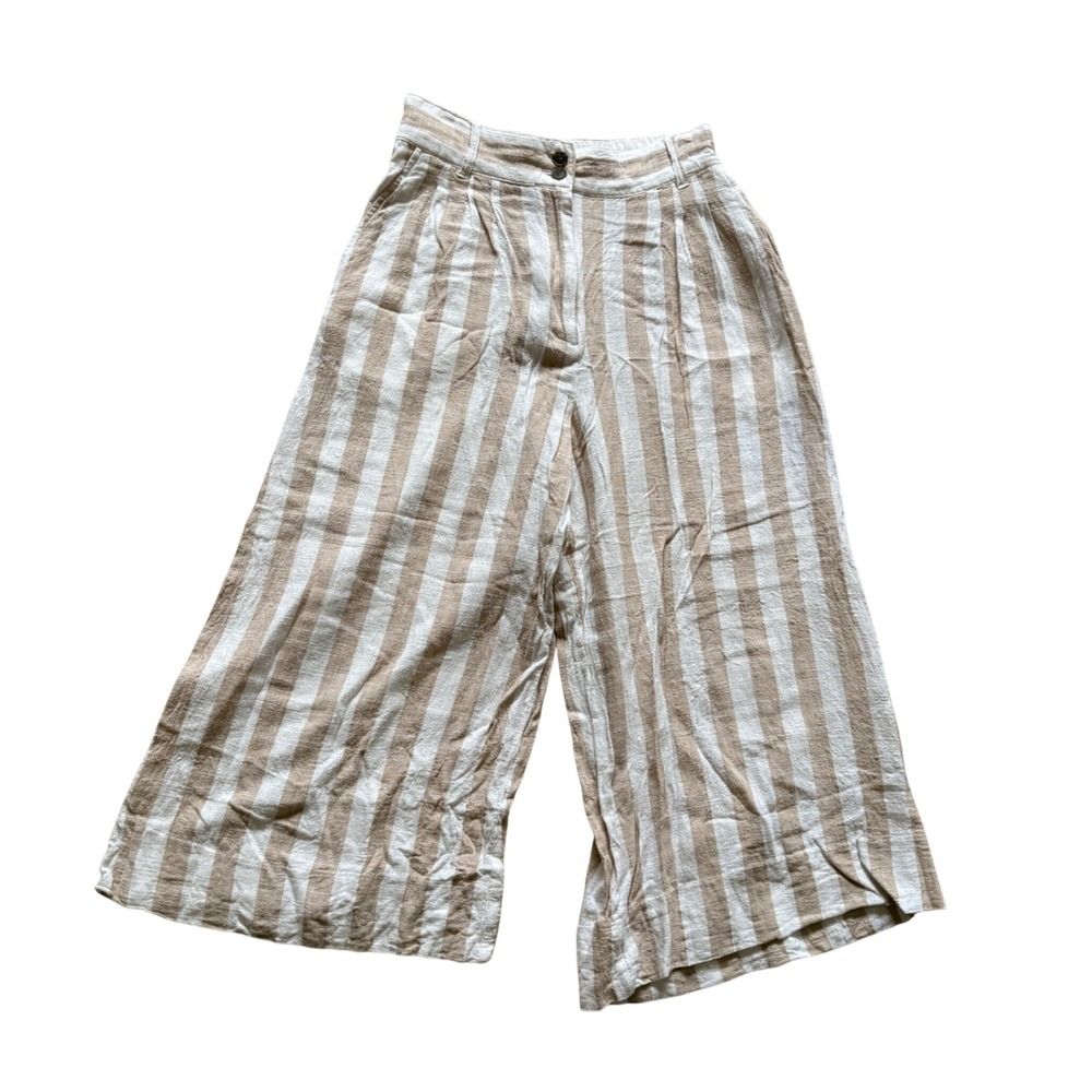 H&M Striped Wide Leg Culotte Pants Womens 4 Beige White Linen Blend High Rise